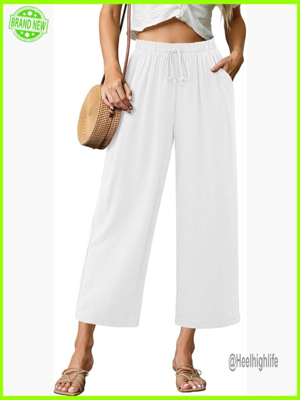 High Waisted Wide Leg Capri Linen Pants Elastic Waist Casual Flowy Summer
